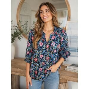 Loft Deep V-Neck Colorful Floral Blouse Puff Sleeve Sz Large